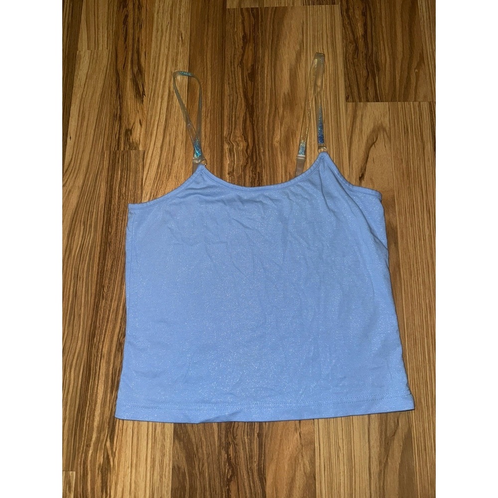 VTG Y2K Fashion Bug‎ Women's S Blue Tank Top Plastic Glitter Straps Cami Shirt